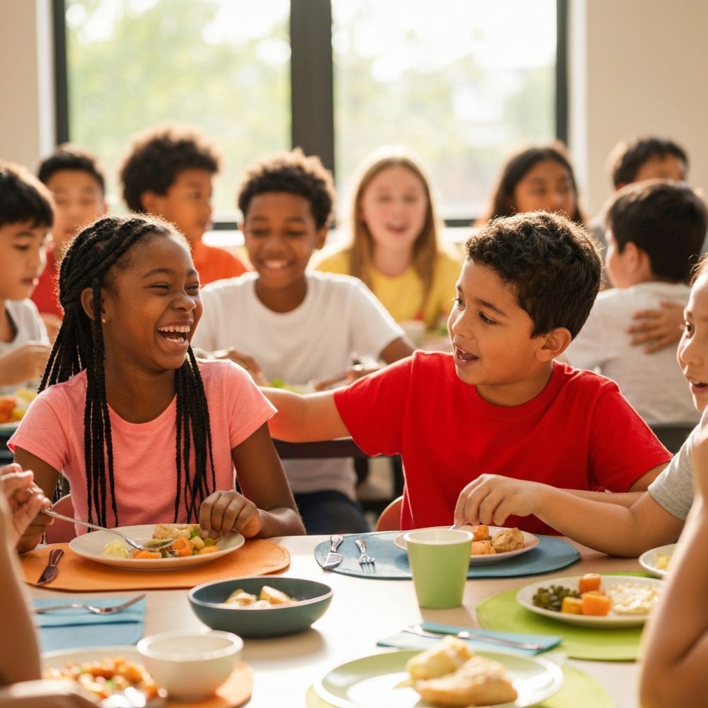 Happy children enjoying nutritious school meals