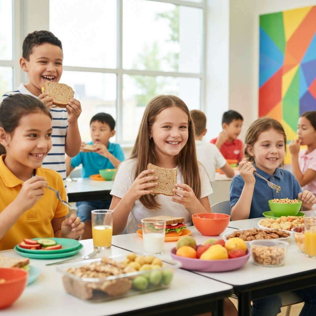 Kids eating healthy lunch at school cafeteria