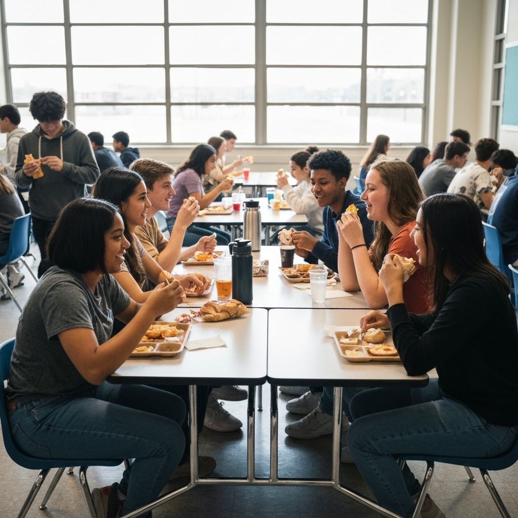 Students sharing meals during lunch break at school